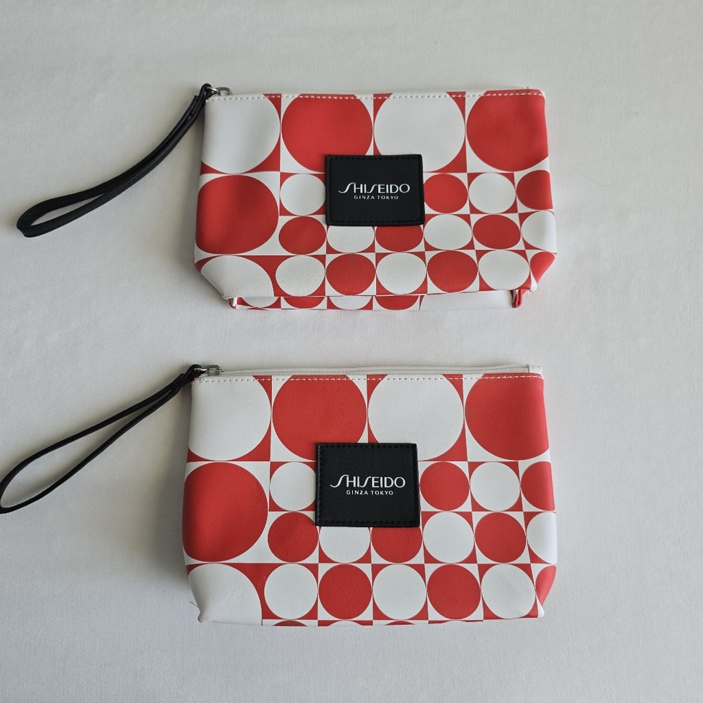 Shiseido Red and White Abstract Patterned Makeup Cosmetic Bag Pouch Set